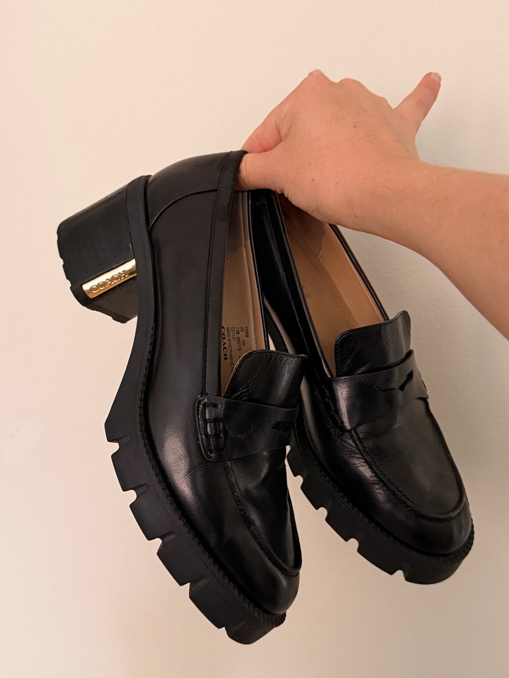 Coach Cora Loafer Pump Black Leather Lug Sole Penny Loafers with Gold Accent 38